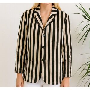 Black Cream Vertical Stripe Blazer‎ Jacket Button Front Pockets Women's